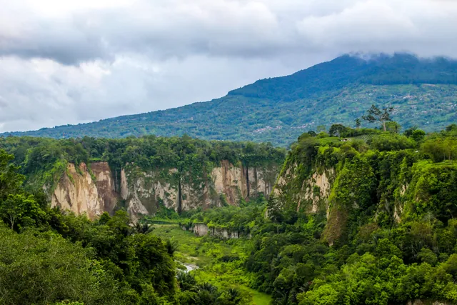 Tebing dan lembah hijau Ngarai Sianok dengan Gunung Singgalang di latar, dilihat dari kawasan Panorama Bukittinggi.